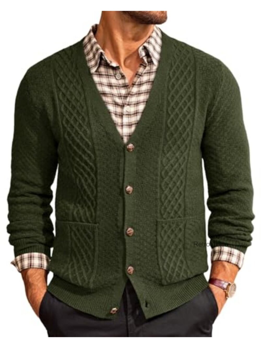 Men's Cable Knit Cardigan Sweater V Neck Chunky Button Down